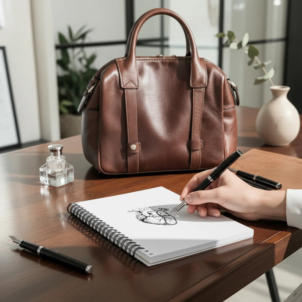 My Store anatomical heart spiral notebook on a desk with a hand sketching with a fountain pen near a leather bag.