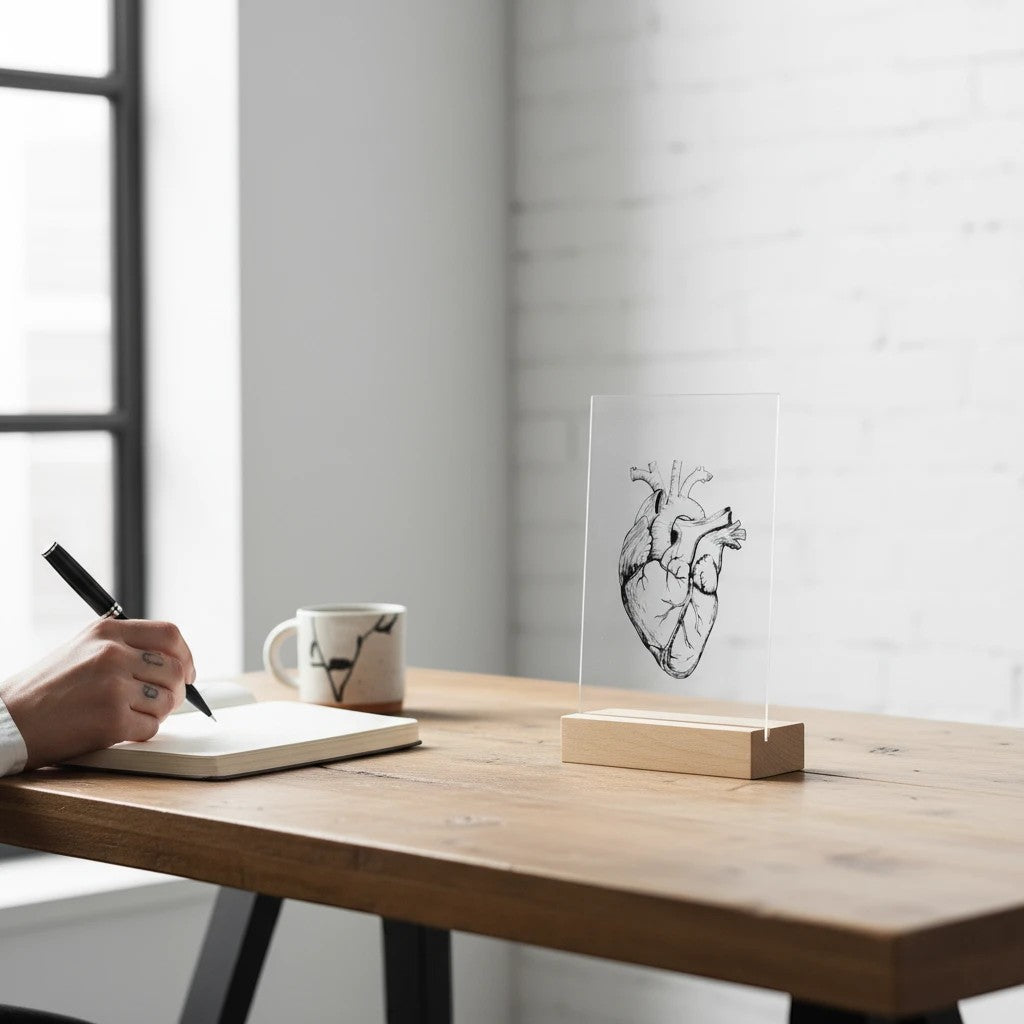 My Store heart anatomical illustration on a clear acrylic plaque with a wooden stand on a desk.