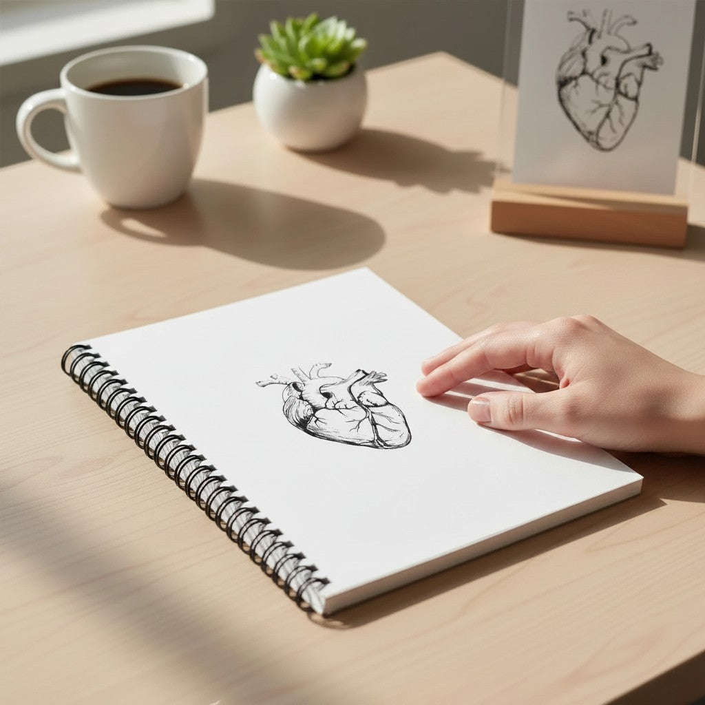 My Store anatomical heart spiral notebook with a white cover on a wooden desk next to a coffee mug and plant.