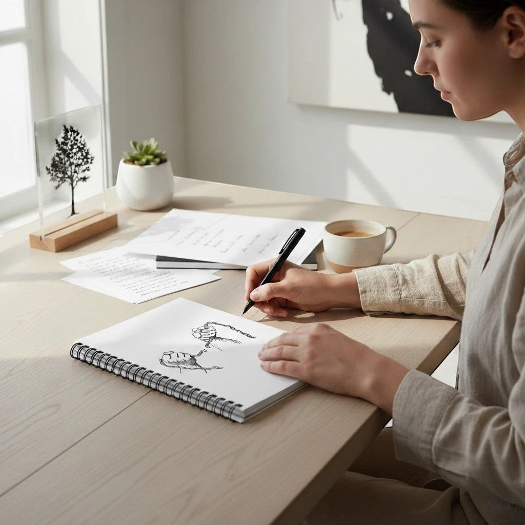 My Store Freedom Breaks Chains spiral notebook with hand-drawn illustration, being used by a woman at a desk.