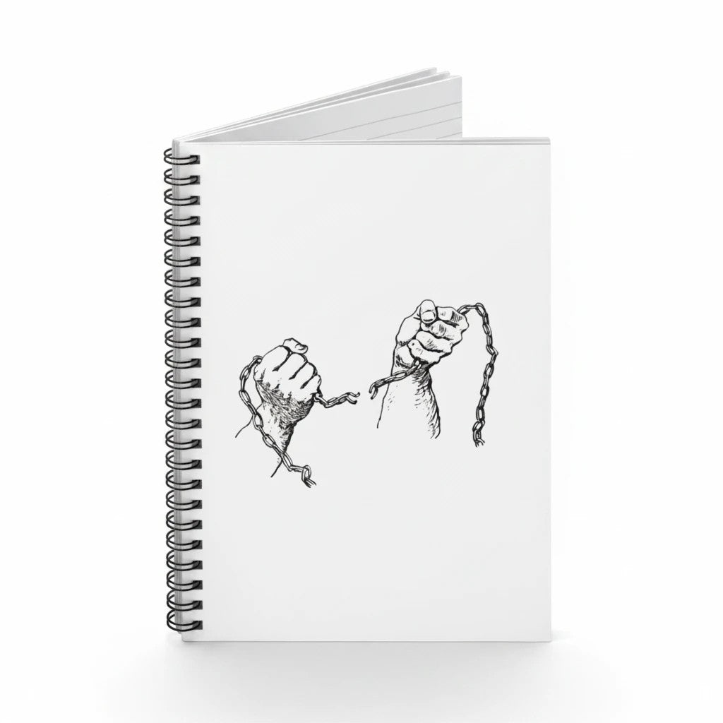 My Store spiral notebook with a white cover featuring a black ink illustration of hands breaking free from chains.
