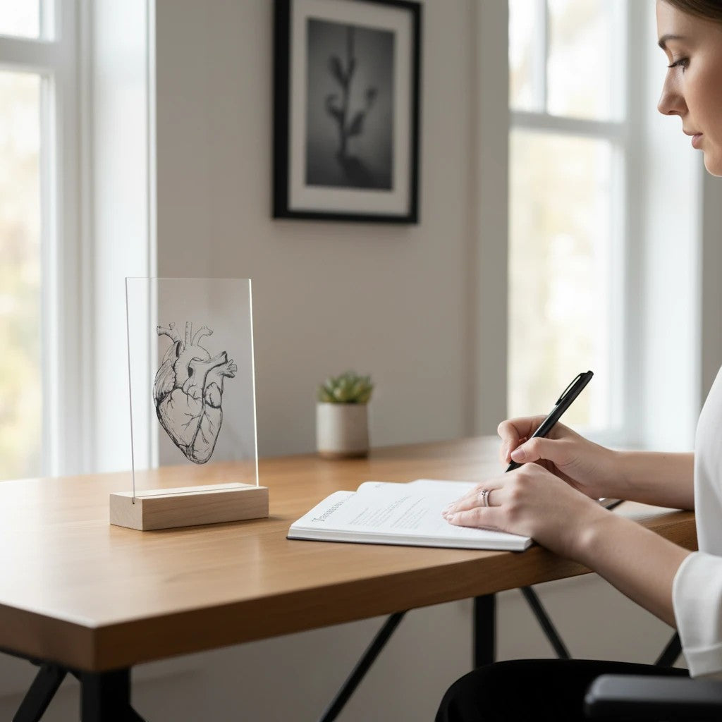 My Store heart anatomical illustration on a clear acrylic plaque with a wooden stand on a desk.