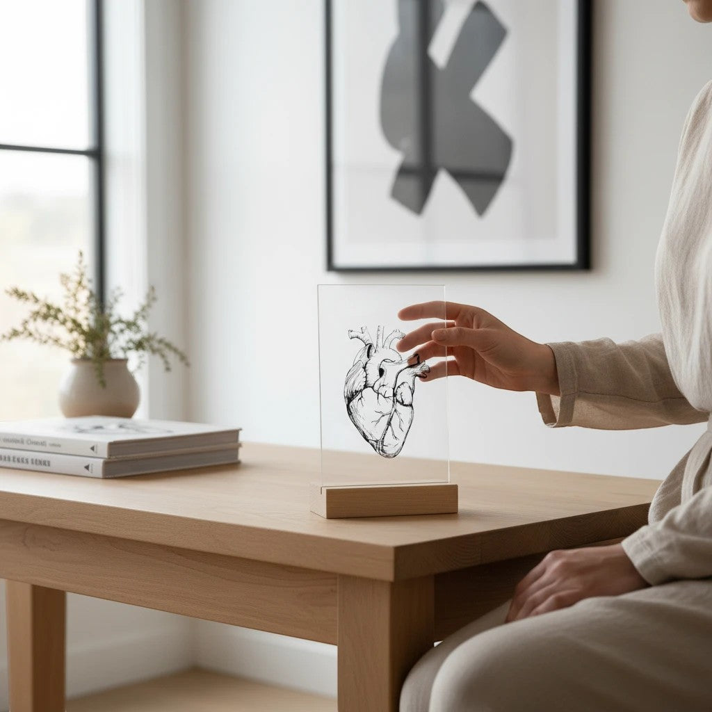 My Store heart anatomical illustration on a clear acrylic plaque with a wooden stand on a desk.