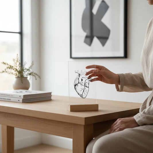 My Store heart anatomical illustration on a clear acrylic plaque with a wooden stand on a desk.