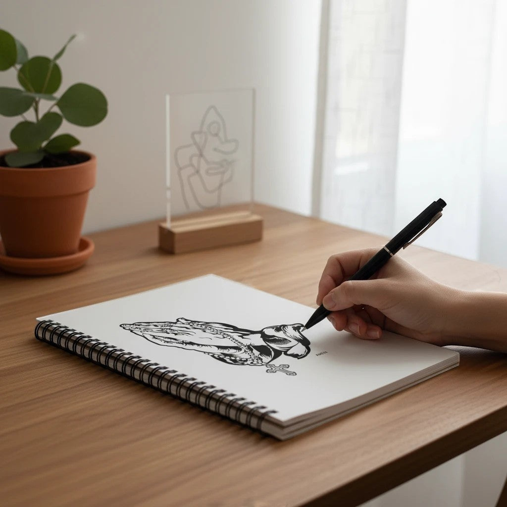 My Store spiral notebook with praying hands illustration on a wooden desk with a hand writing with a black pen.