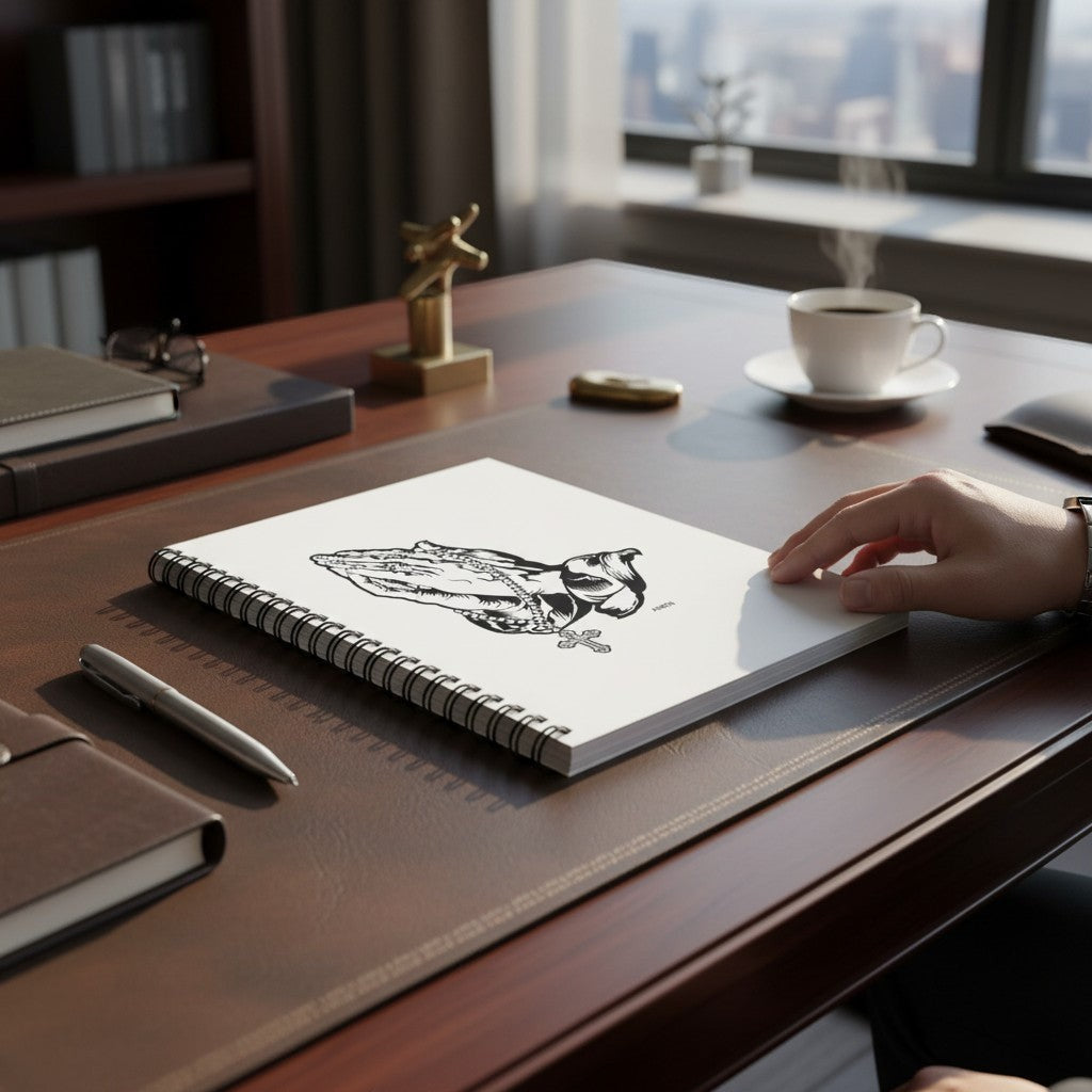 My Store praying hands spiral notebook with monochrome illustration on a desk with coffee and a pen.