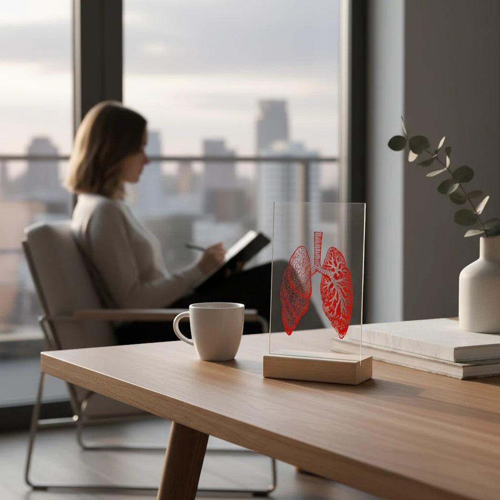 My Store Red Lung acrylic plaque with wooden stand on a desk in a bright living room