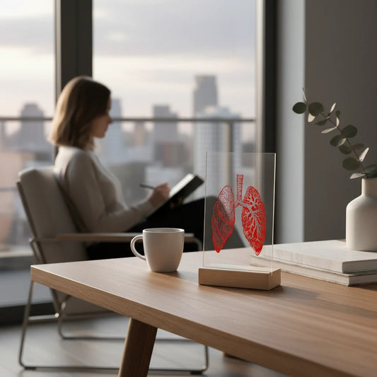 My Store Red Lung acrylic plaque with wooden stand on a desk in a bright living room