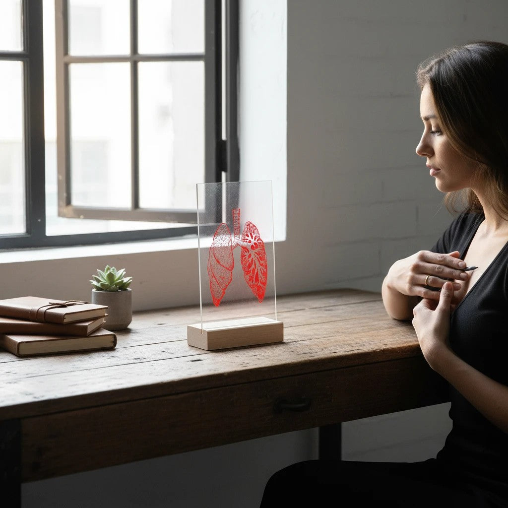 My Store Red Lung acrylic plaque with wooden stand on a rustic desk next to a woman in a home office setting
