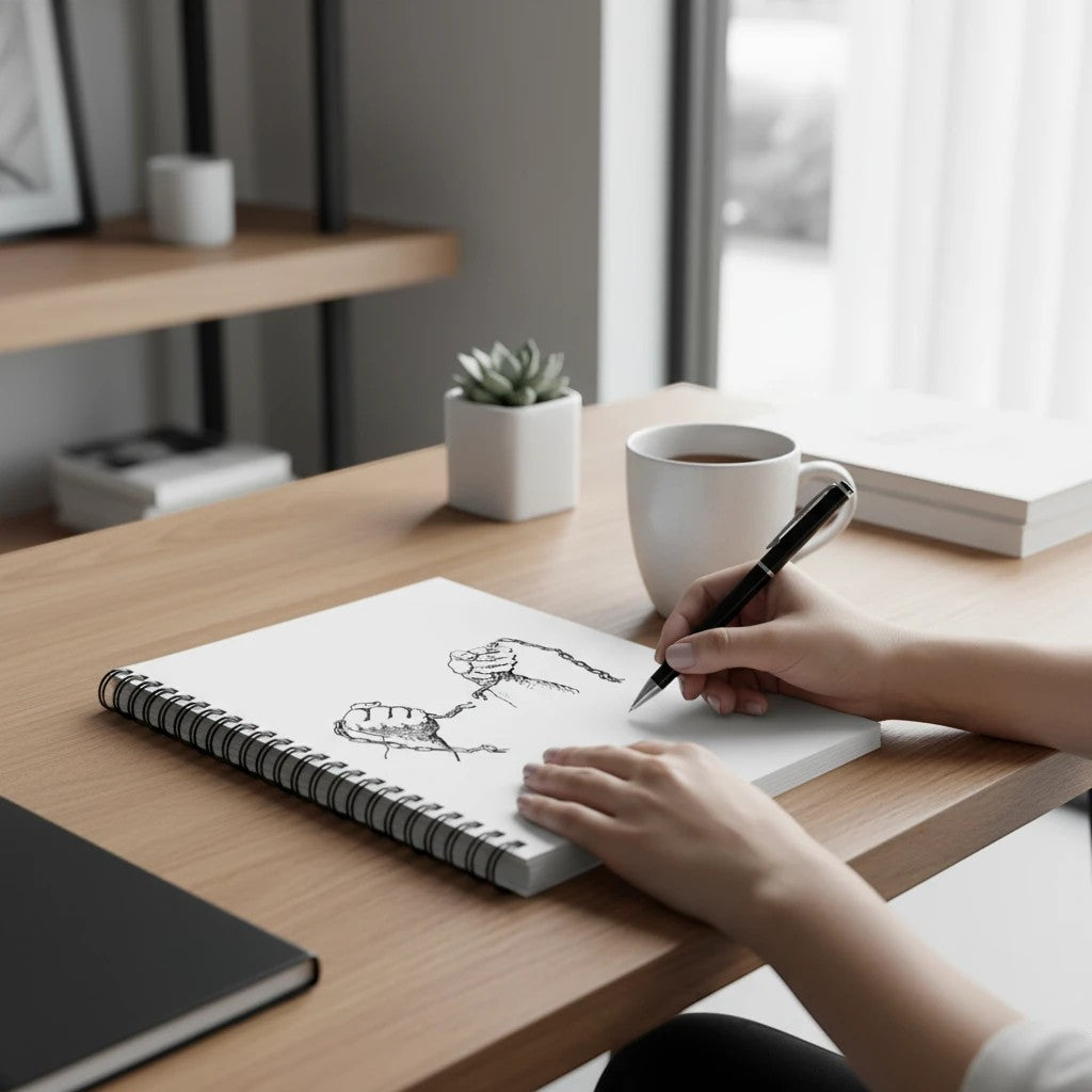 My Store spiral notebook with hand-drawn breaking chains illustration, being used for writing on a wooden desk.