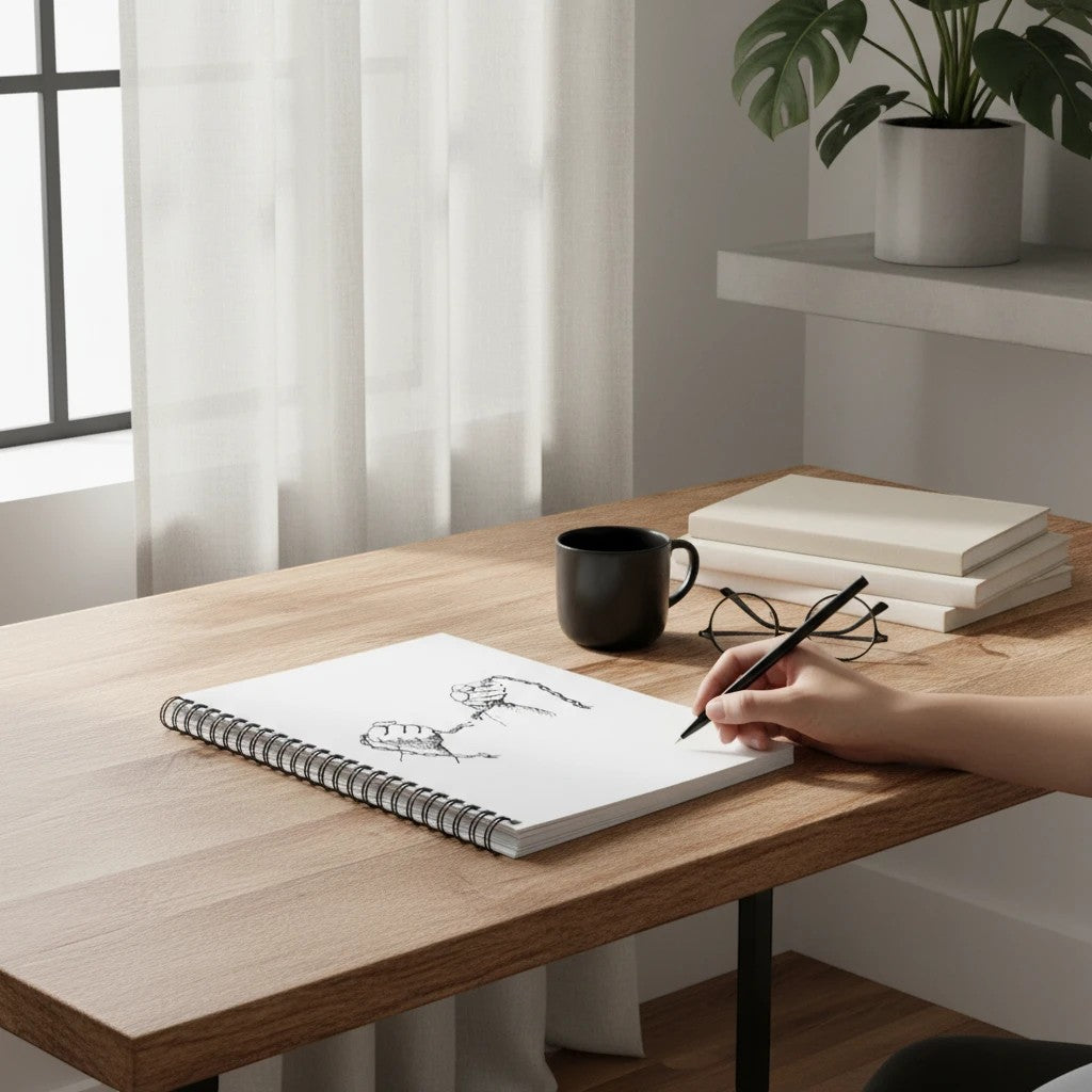 My Store spiral notebook with hand-drawn chain-breaking illustration on a wooden desk with a hand writing in it.